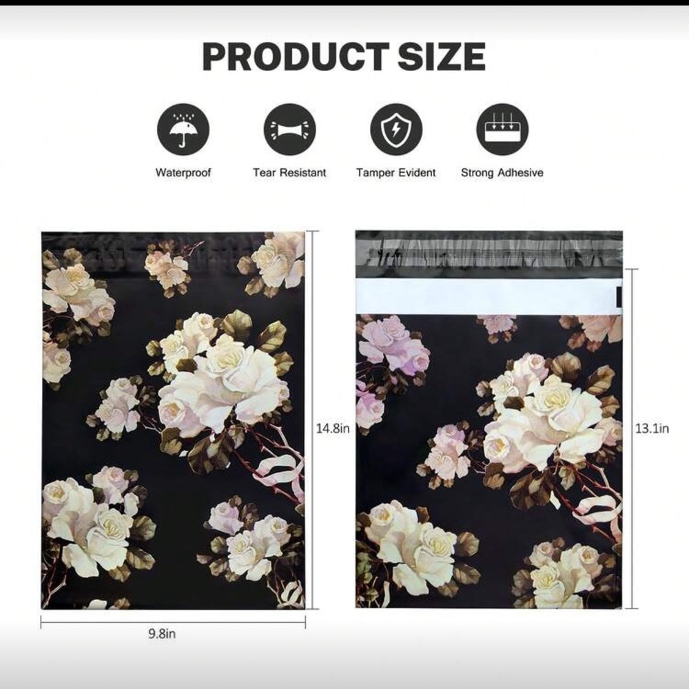 Set of 20 Poly Mailers 10x13 Shipping Bags Floral Black Rose Poshmark Seller New - Picture 4 of 4